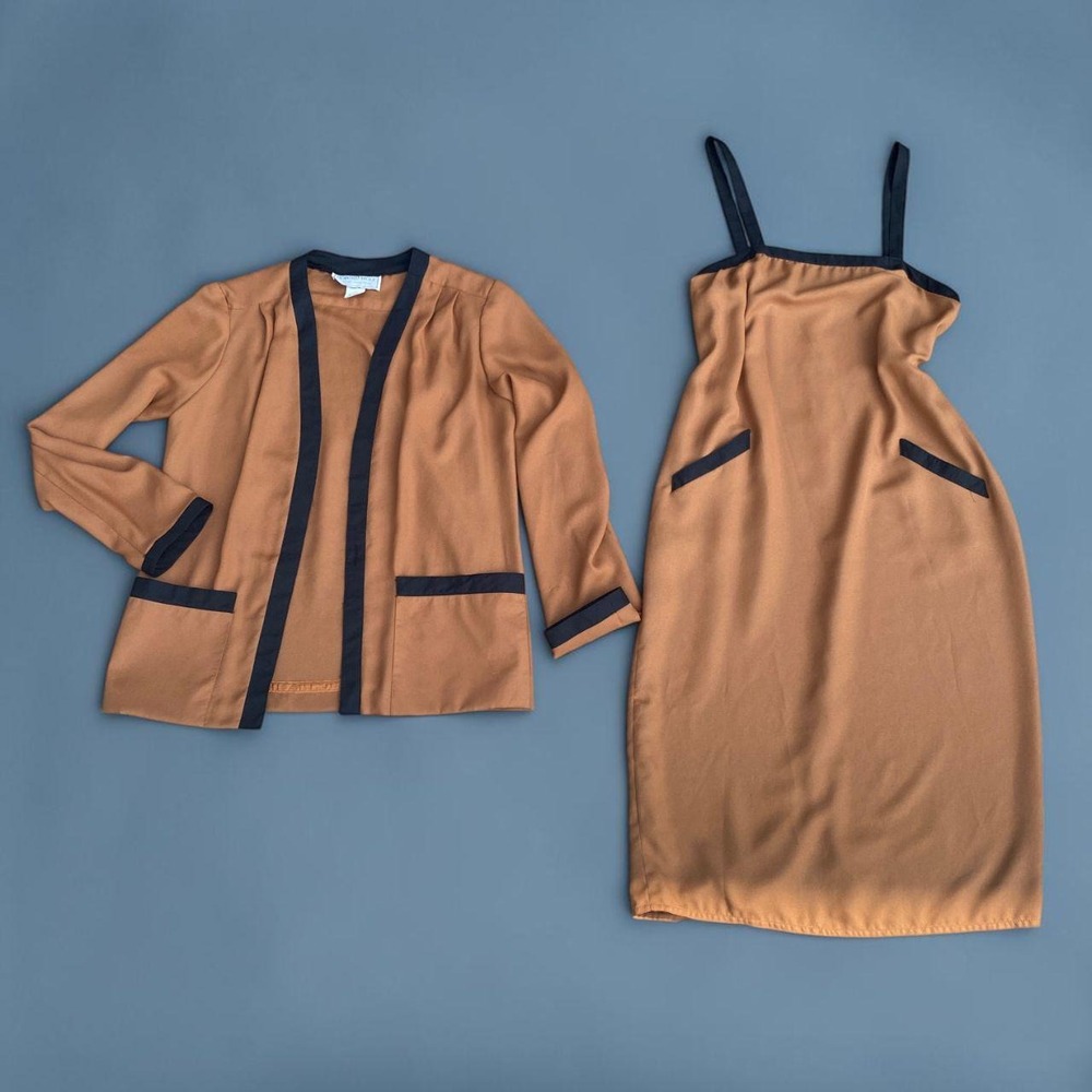 Vintage 80s Howard Wolf Dress Jacket Set Camel Black Colorblock Minimalist
